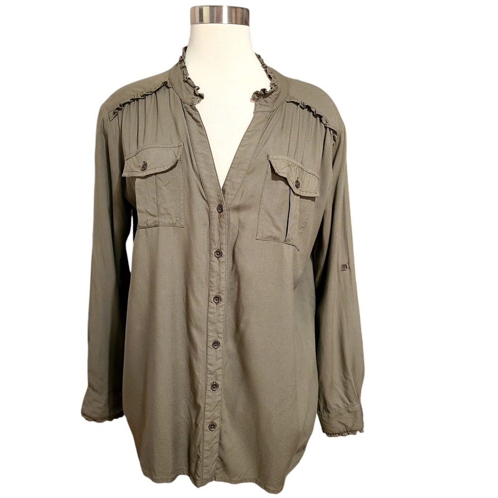 Sundance Womens Olive Green Blouse M Long Sleeve Ruffle Button Up Roll Tab